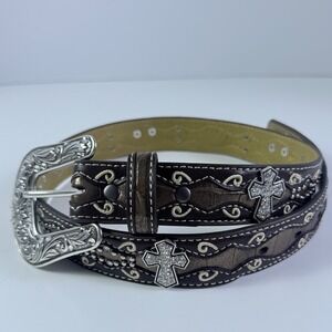 Ariat Western Brown Leather Rhinestone Cross Belt Floral Engraved Buckle Size 28
